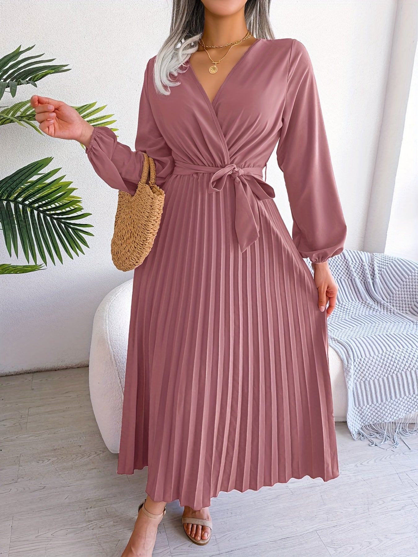 Maison Regal™ | Camille - Robe élégante plissée à manches longues et col croisé