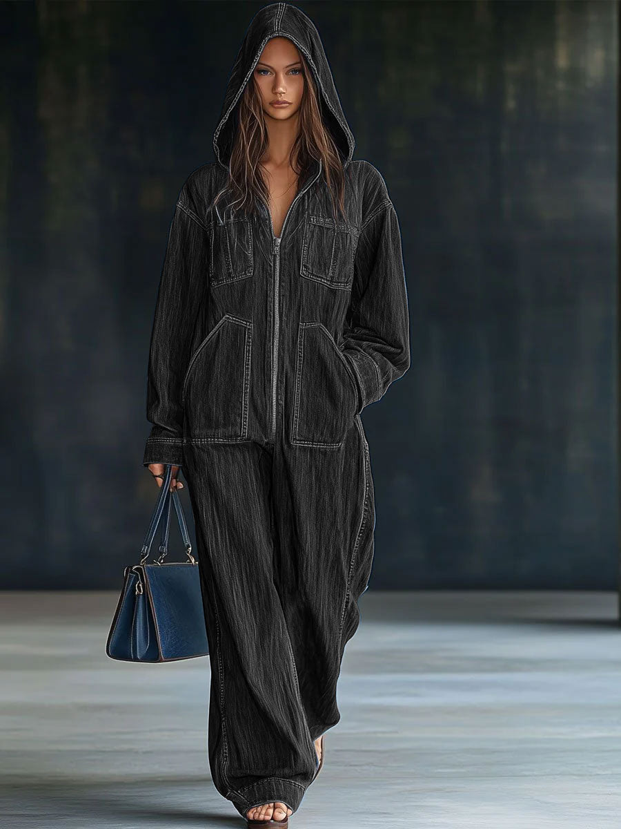 Salopette en denim à capuche zippée, décontractée, ample, rétro, à manches longues avec poches【expédition sous 24 heures】