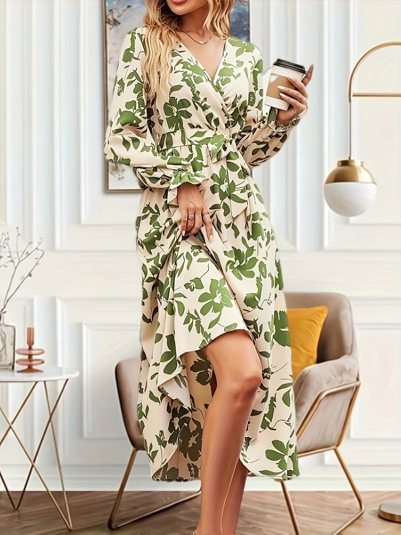 Maison Regal™ | Élégance Florence – Robe midi fluide à imprimé floral et manches lanterne