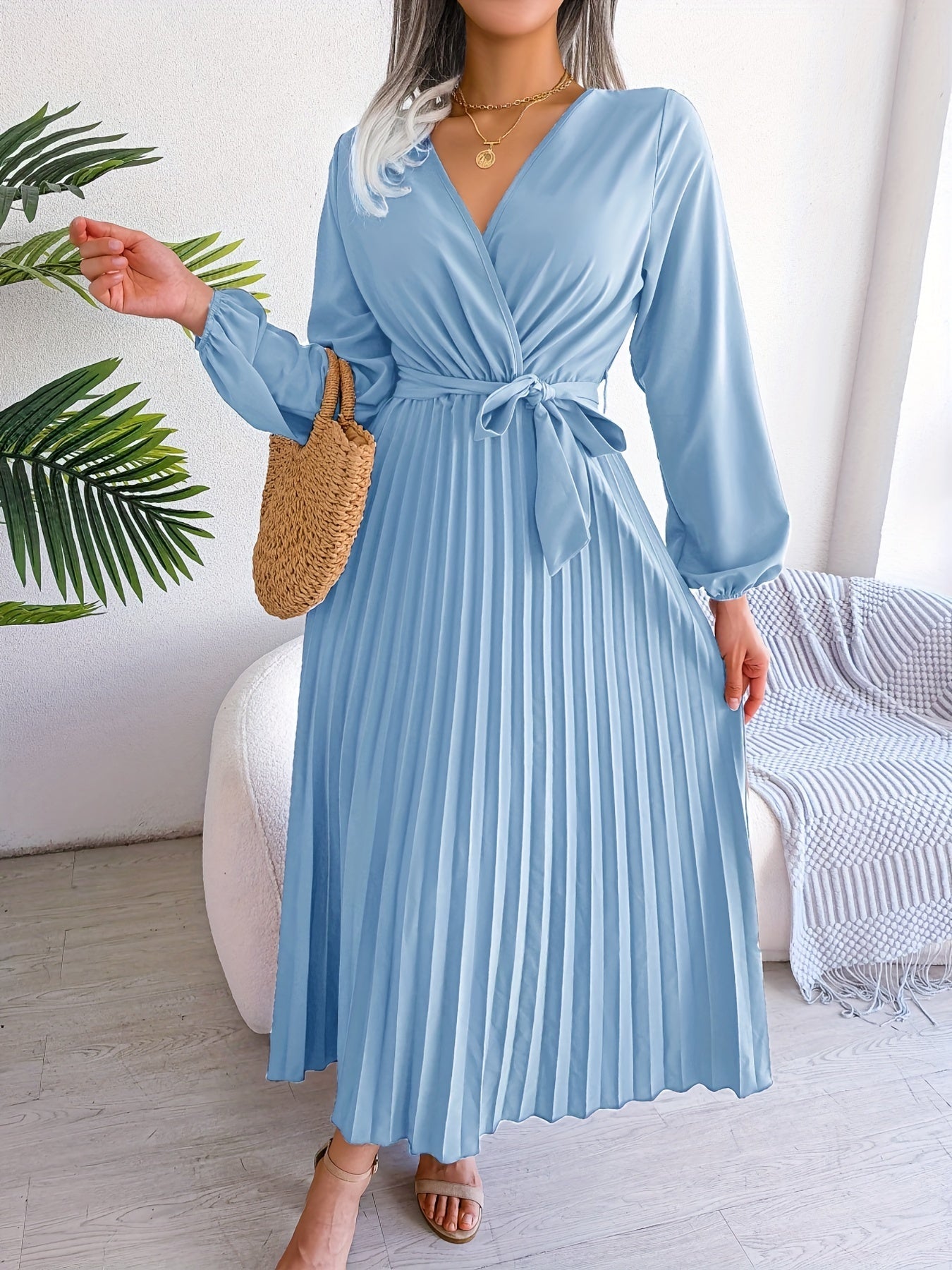 Maison Regal™ | Camille - Robe élégante plissée à manches longues et col croisé