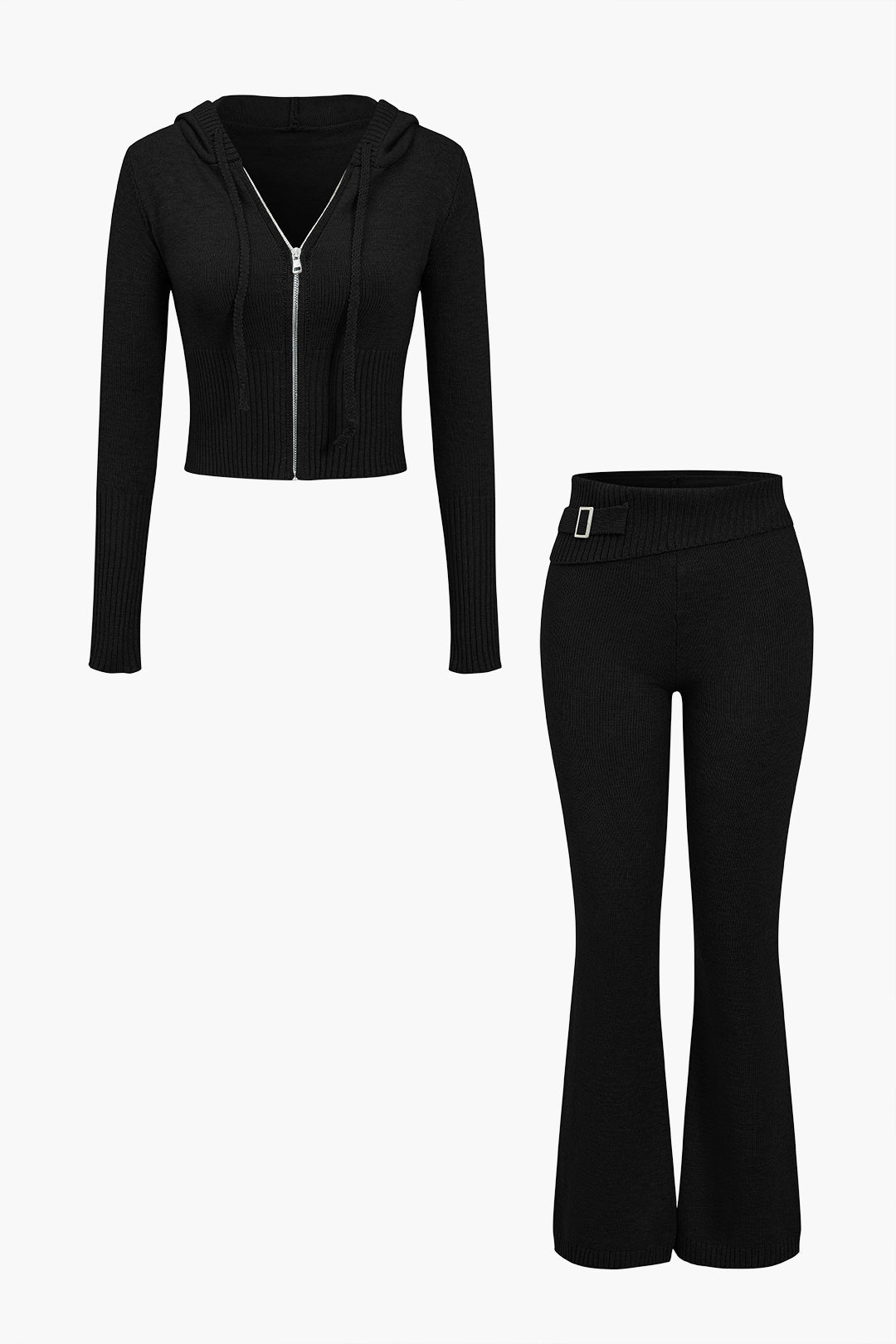 Le Charme™ Ensemble Tricot Uni : Haut à Capuche et Pantalon Asymétrique