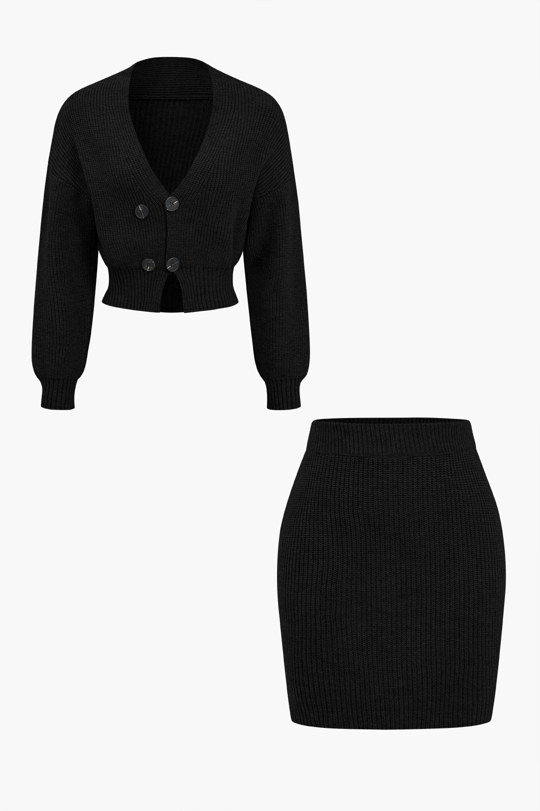 Le Charme™ Ensemble Tricot Uni : Haut Boutonné à Col V et Jupe Mini