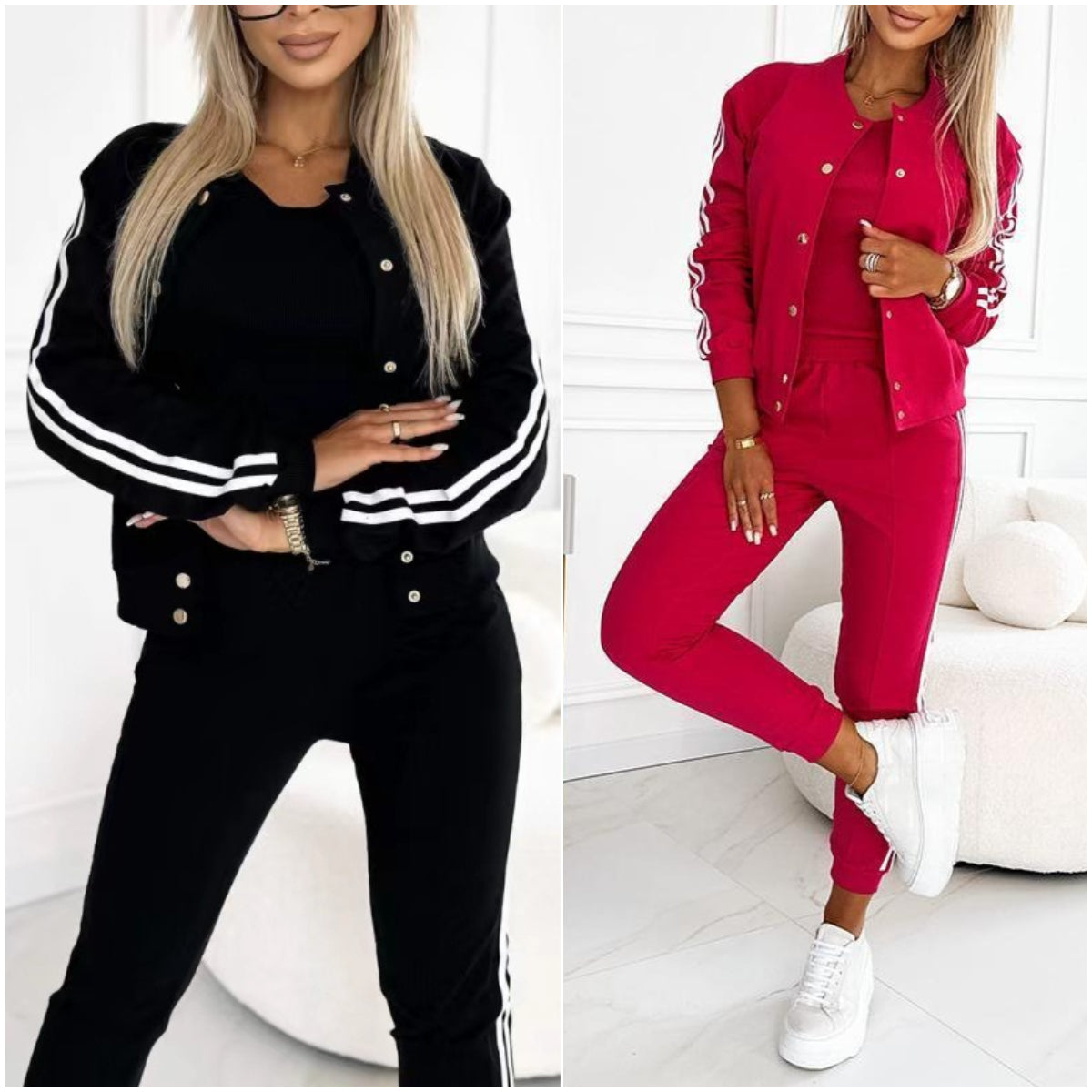 Le Charme™ | Ensemble trois pièces pour femmes avec veste de baseball et pantalon.