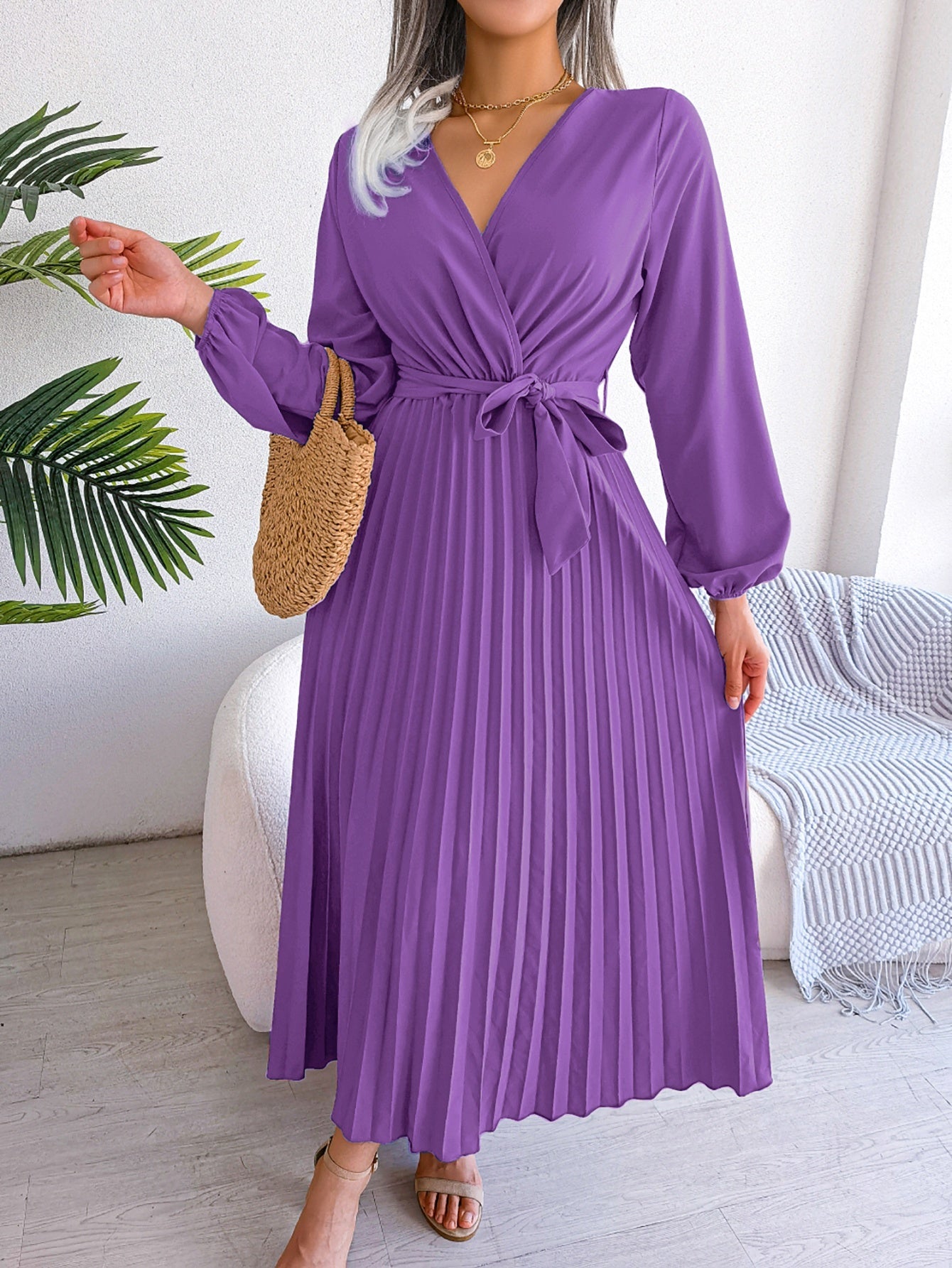 Maison Regal™ | Camille - Robe élégante plissée à manches longues et col croisé