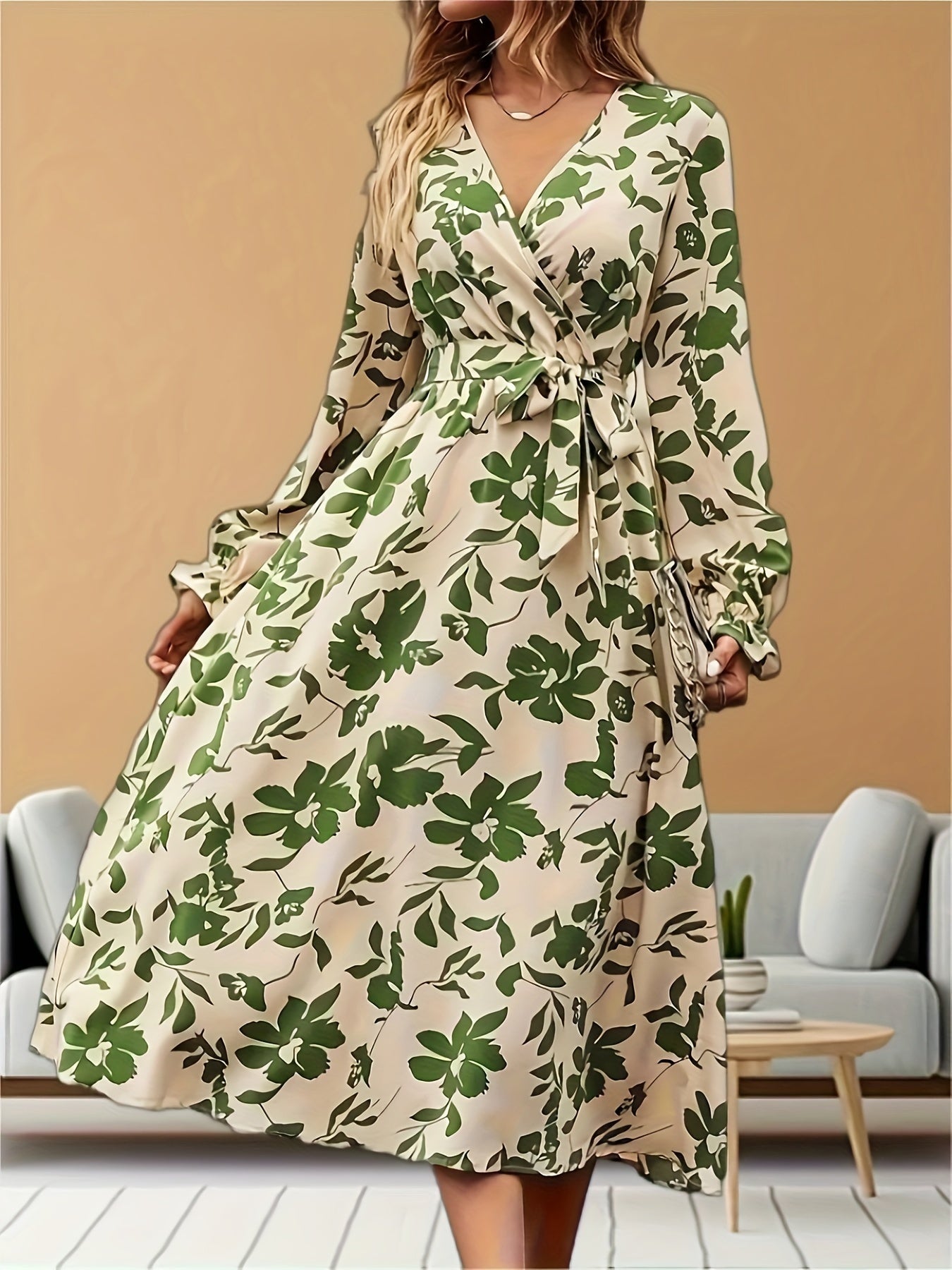 Maison Regal™ | Élégance Florence – Robe midi fluide à imprimé floral et manches lanterne