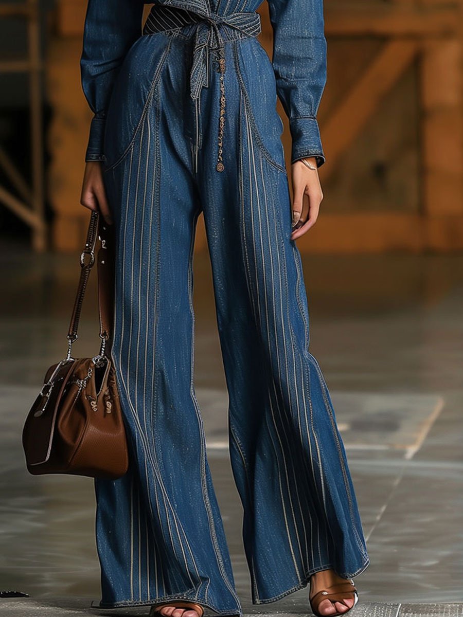 Combinaison en denim rétro décontractée à manches longues et coupe ample【expédition sous 24 heures】