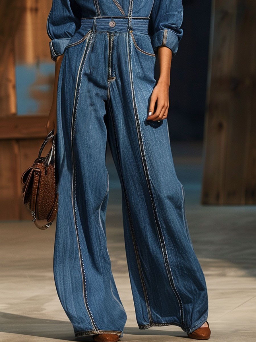 Combinaison en denim décontractée, loose, rétro avec ceinture et manches longues - Expédition sous 24 heures