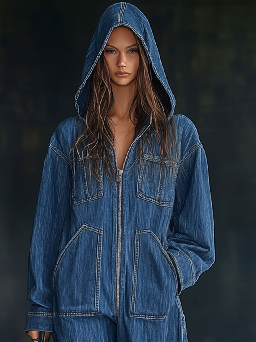 Salopette en denim à capuche zippée, décontractée, ample, rétro, à manches longues avec poches【expédition sous 24 heures】