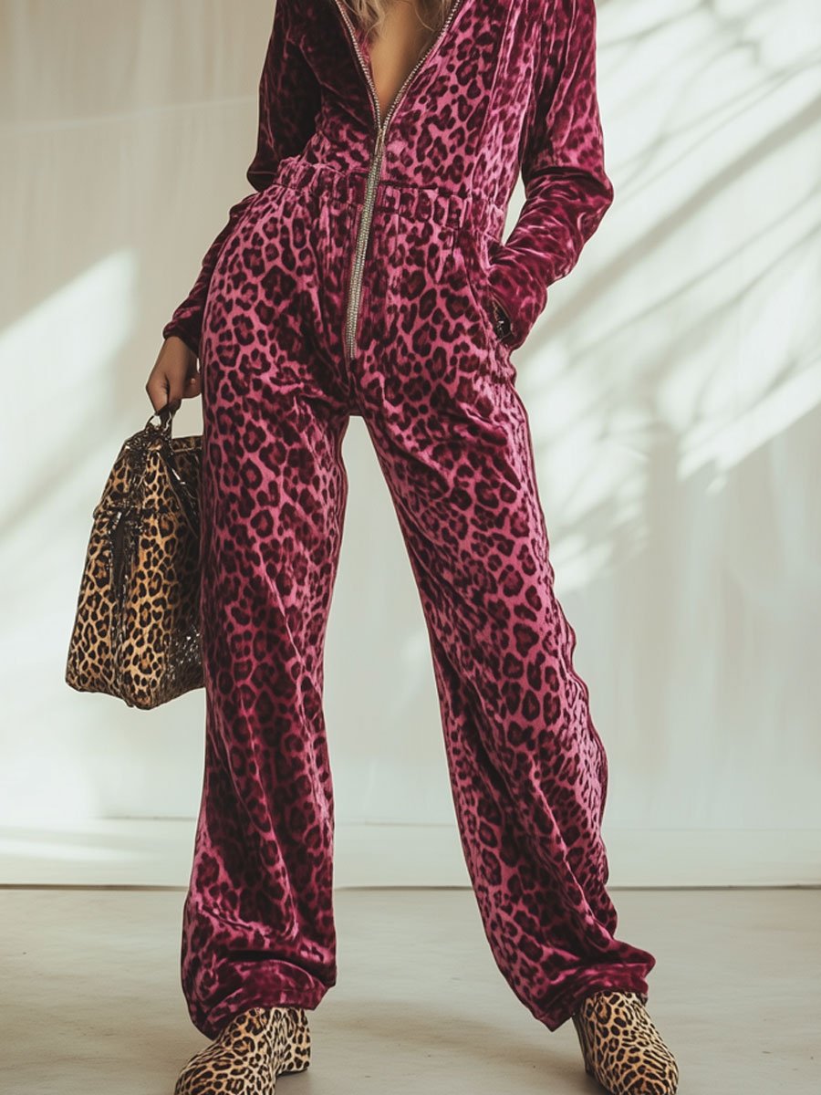 Combinaison à capuche zippée en velours rose rétro à imprimé léopard, ample et décontractée avec taille élastique - Expédition sous 24 heures