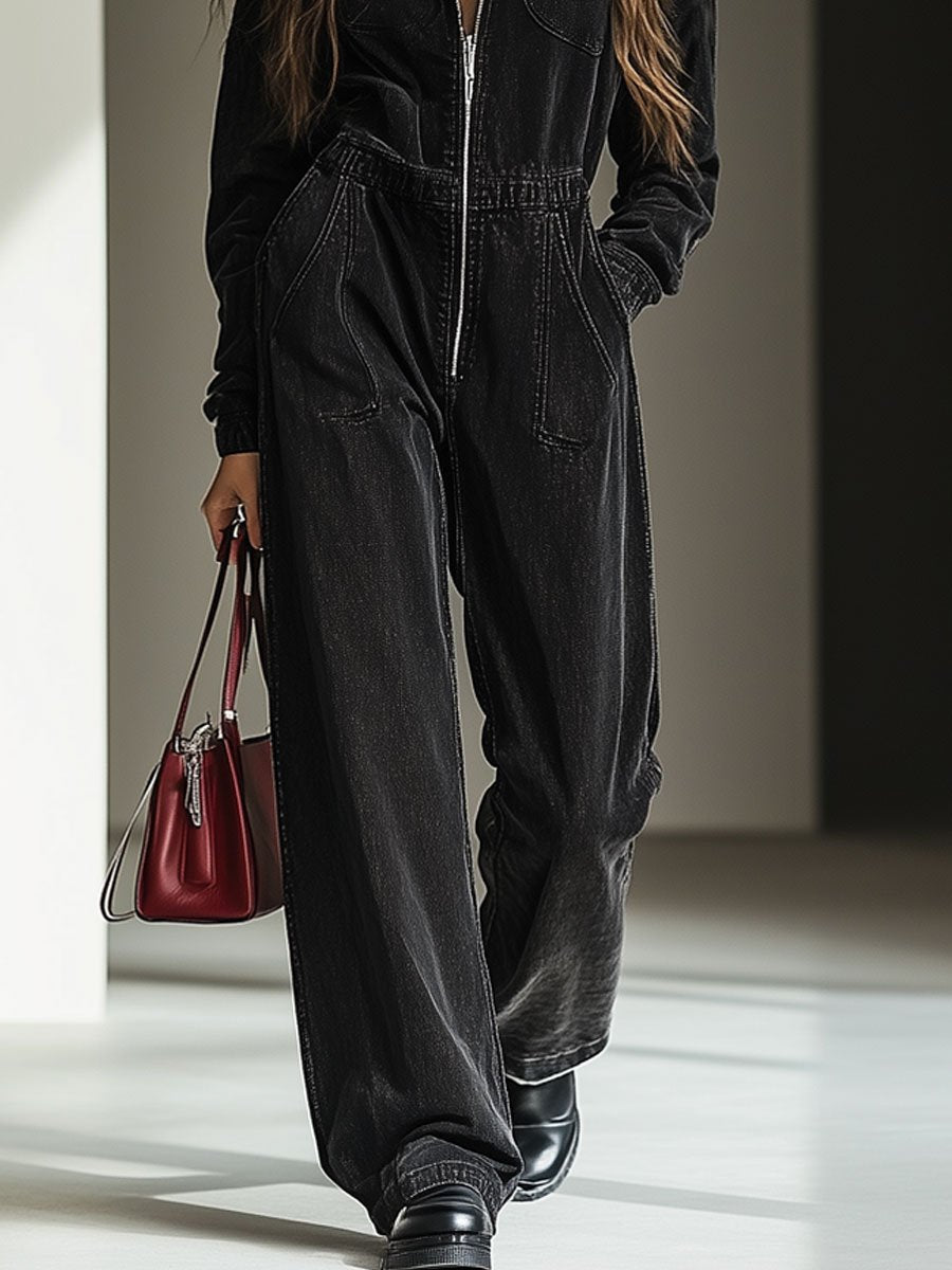 Combinaison à capuche vintage en denim décontractée et ample avec taille élastique et fermeture éclair - expédition 24 heures