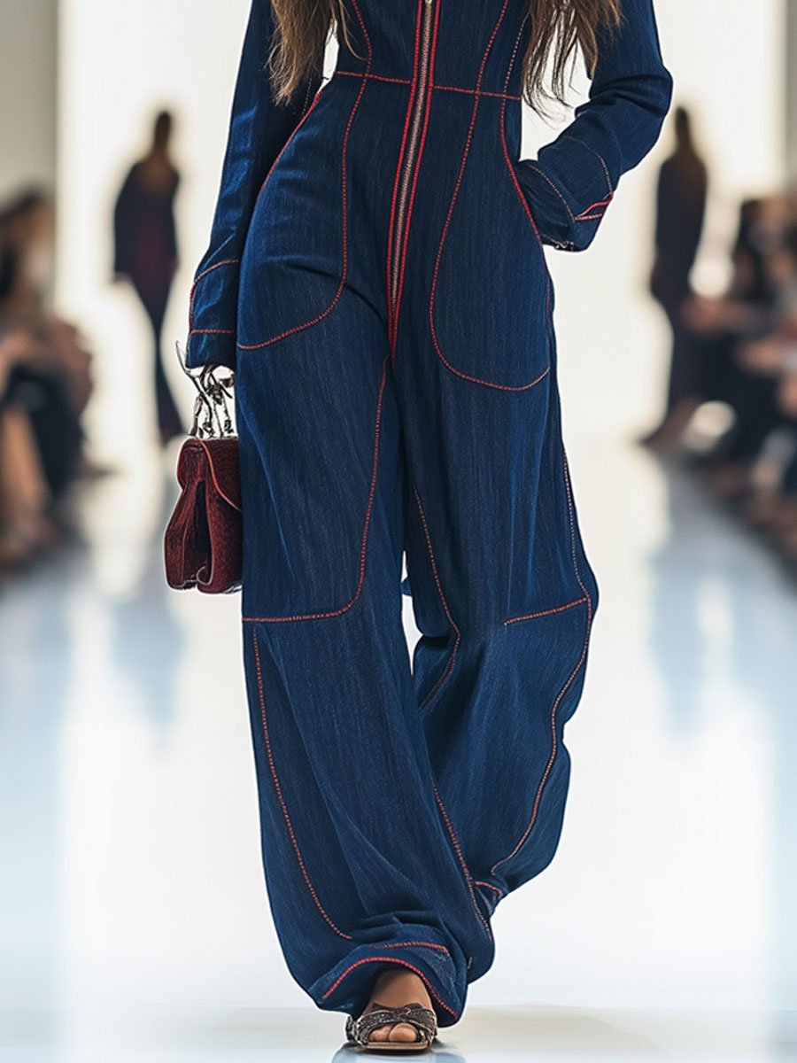 Combinaison en denim large à manches longues, rétro, rouge, avec coutures apparentes, décontractée et ample - livraison sous 24 heures