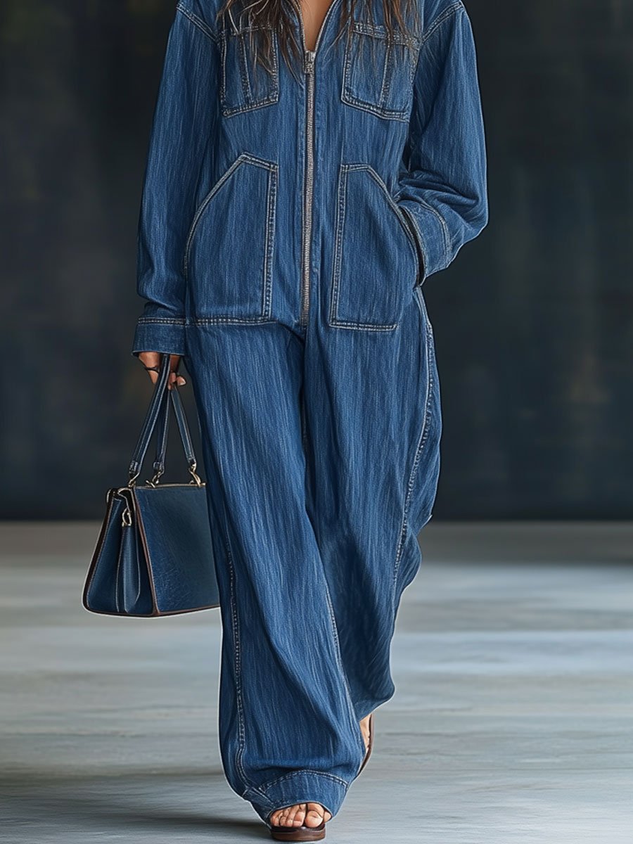 Salopette en denim à capuche zippée, décontractée, ample, rétro, à manches longues avec poches【expédition sous 24 heures】