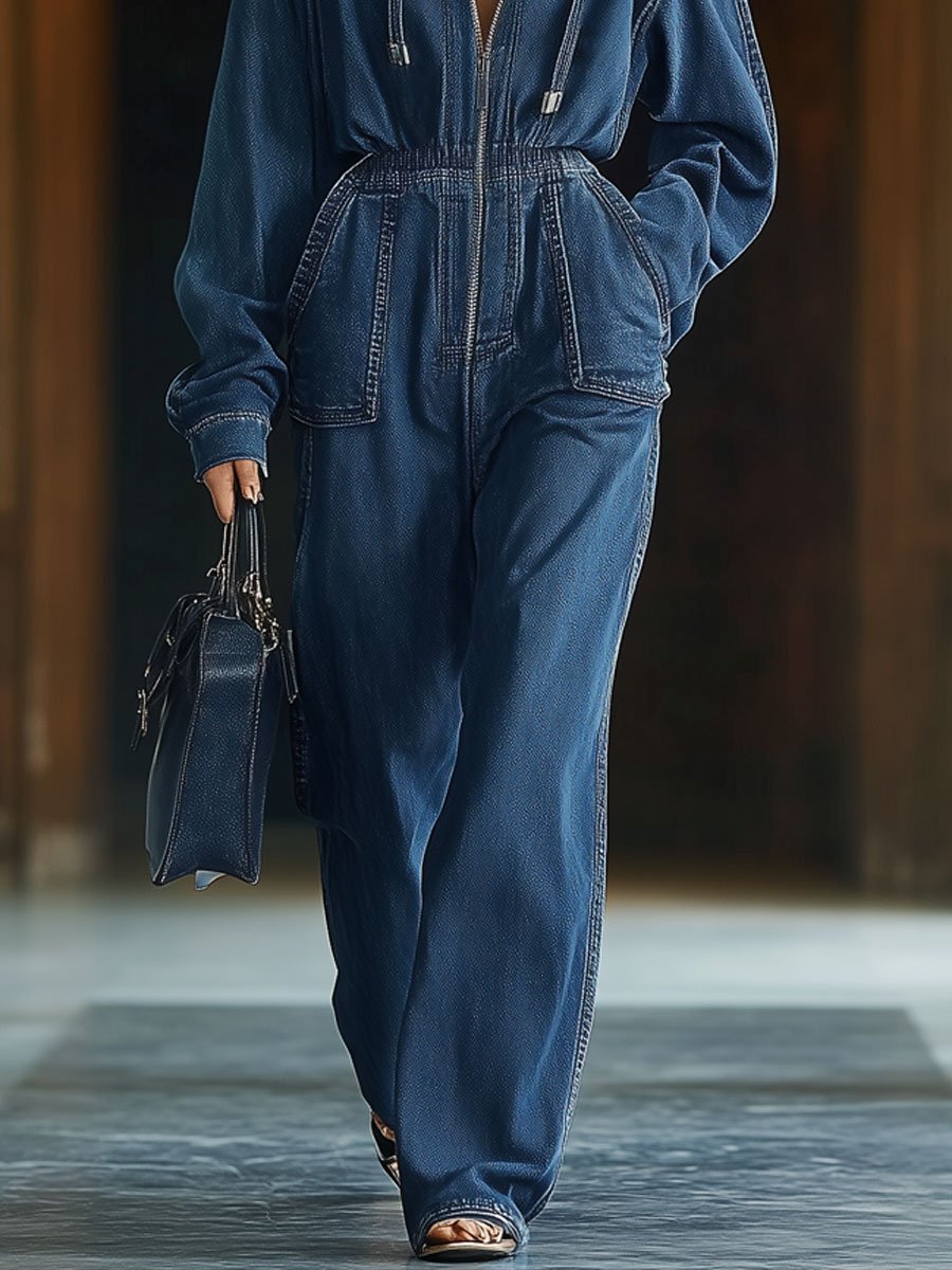 Combinaison en denim à manches longues, à capuche, avec fermeture éclair, taille élastique, décontractée et ample, rétro - Expédition sous 24 heures