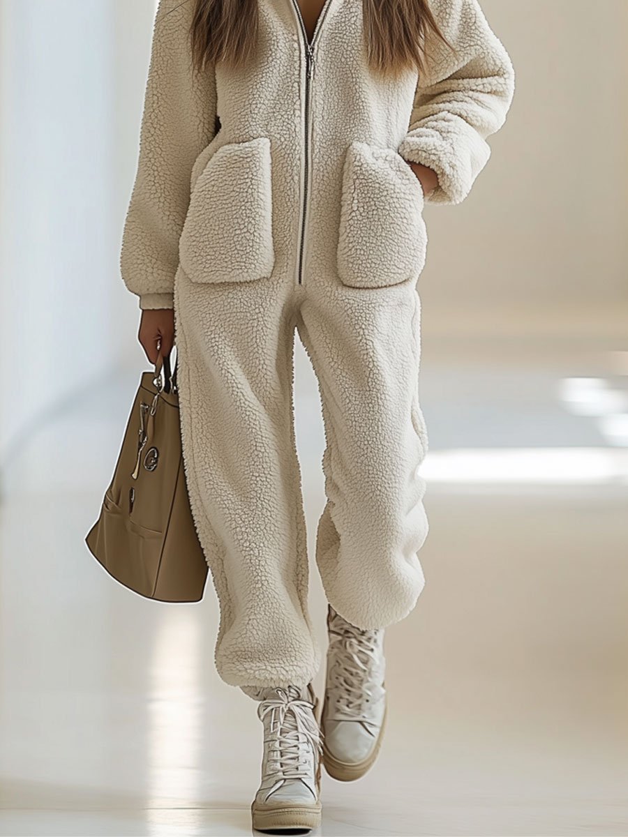 Sweat à capuche vintage en polaire avec poches et zip, décontracté et ample, combinaison