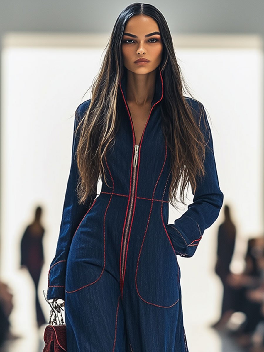 Combinaison en denim large à manches longues, rétro, rouge, avec coutures apparentes, décontractée et ample - livraison sous 24 heures