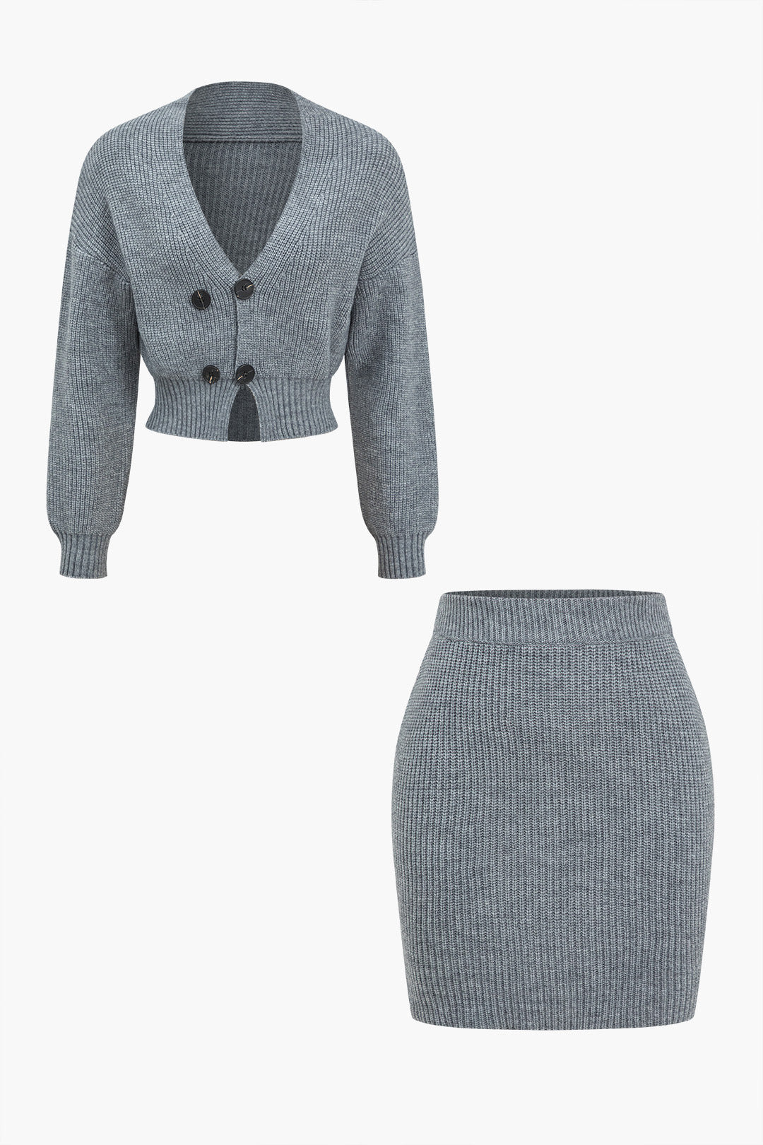 Le Charme™ Ensemble Tricot Uni : Haut Boutonné à Col V et Jupe Mini