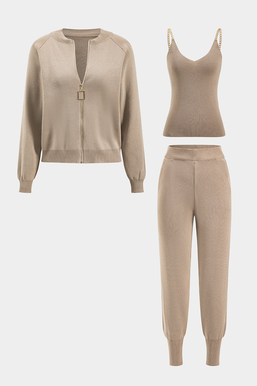 Le Charme™ Ensemble Tricot Métallique : Cardigan, Débardeur et Pantalon