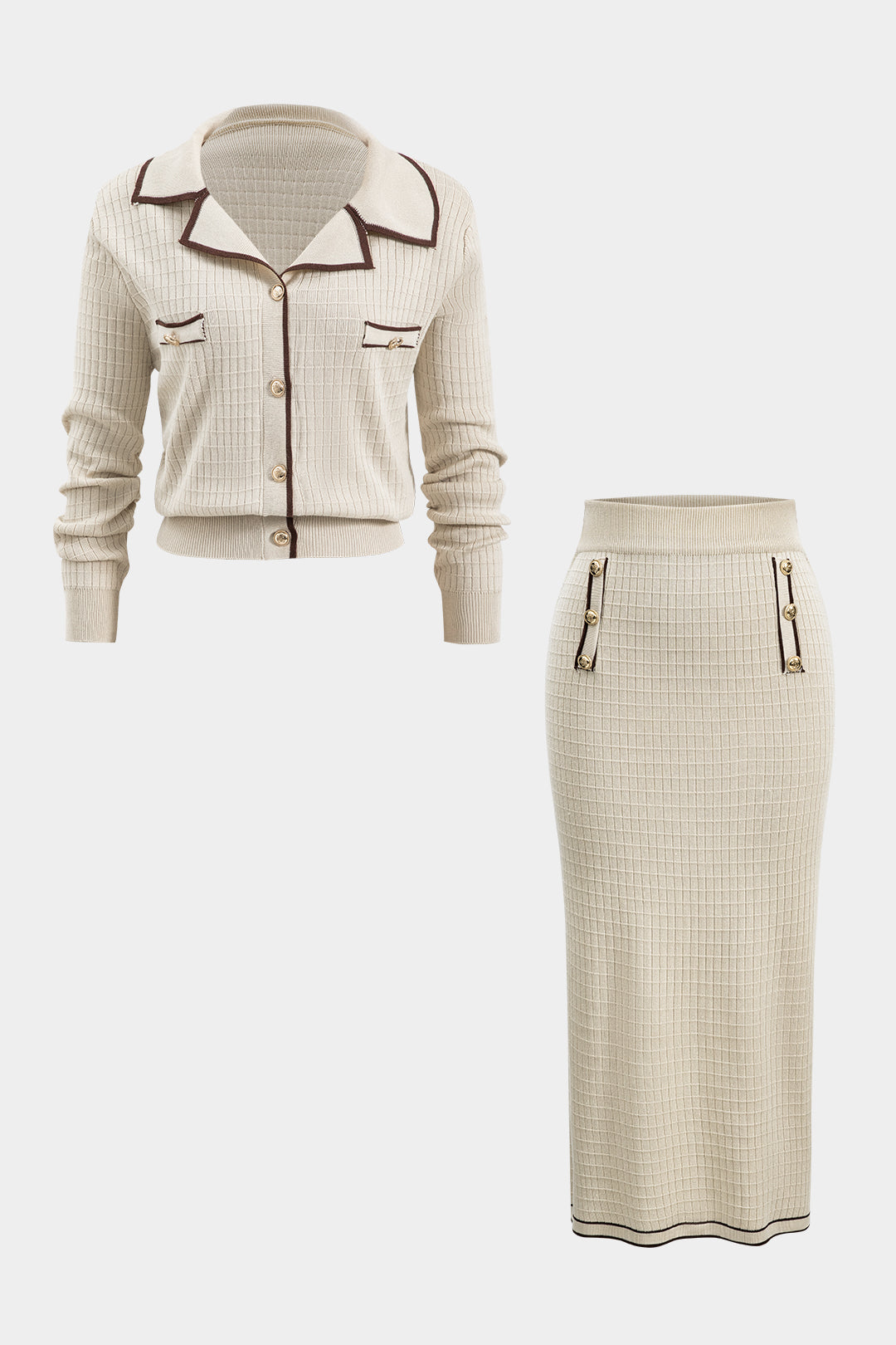 Le Charme™ Ensemble Tricot Métallique : Haut à Boutons et Jupe