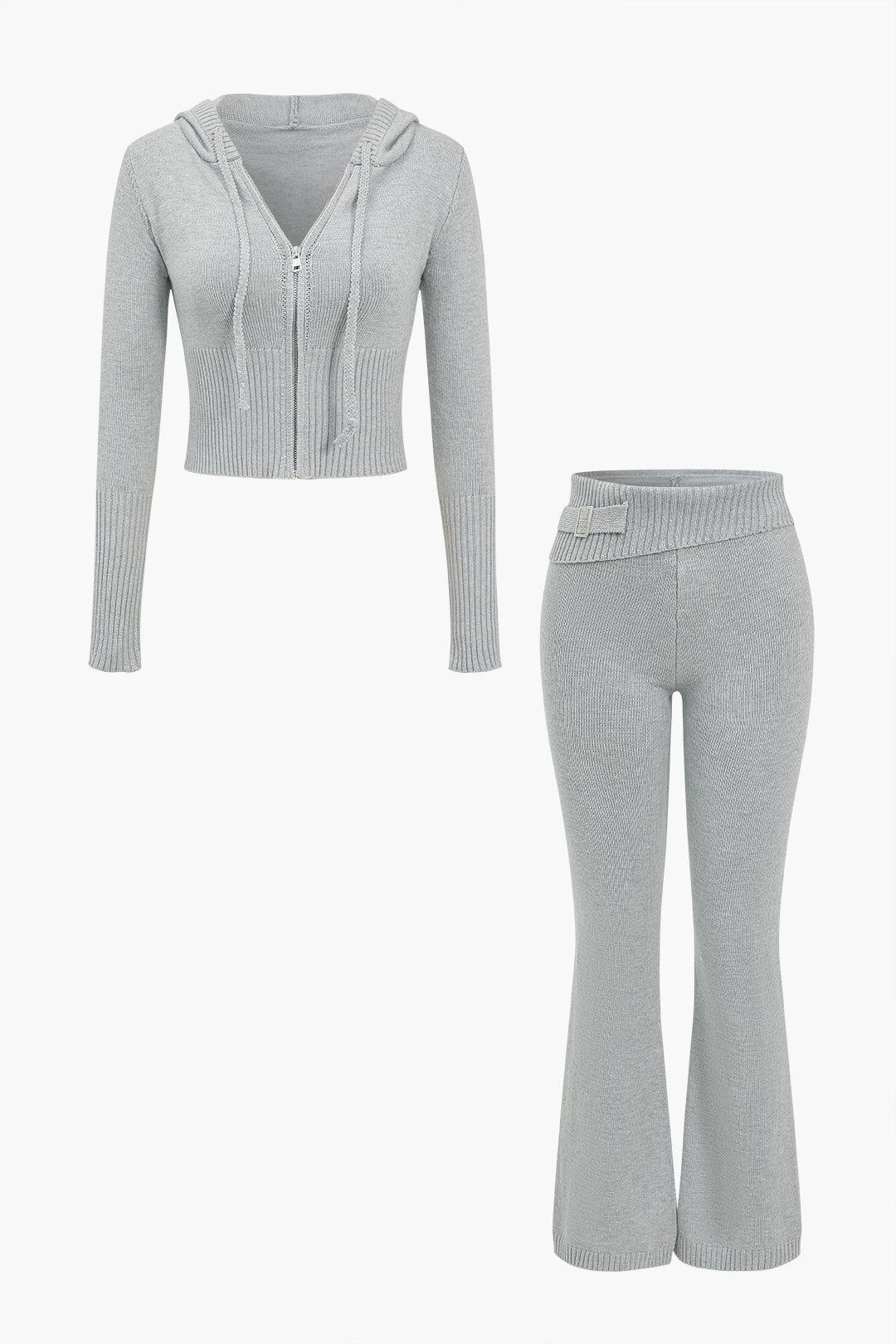 Le Charme™ Ensemble Tricot Uni : Haut à Capuche et Pantalon Asymétrique