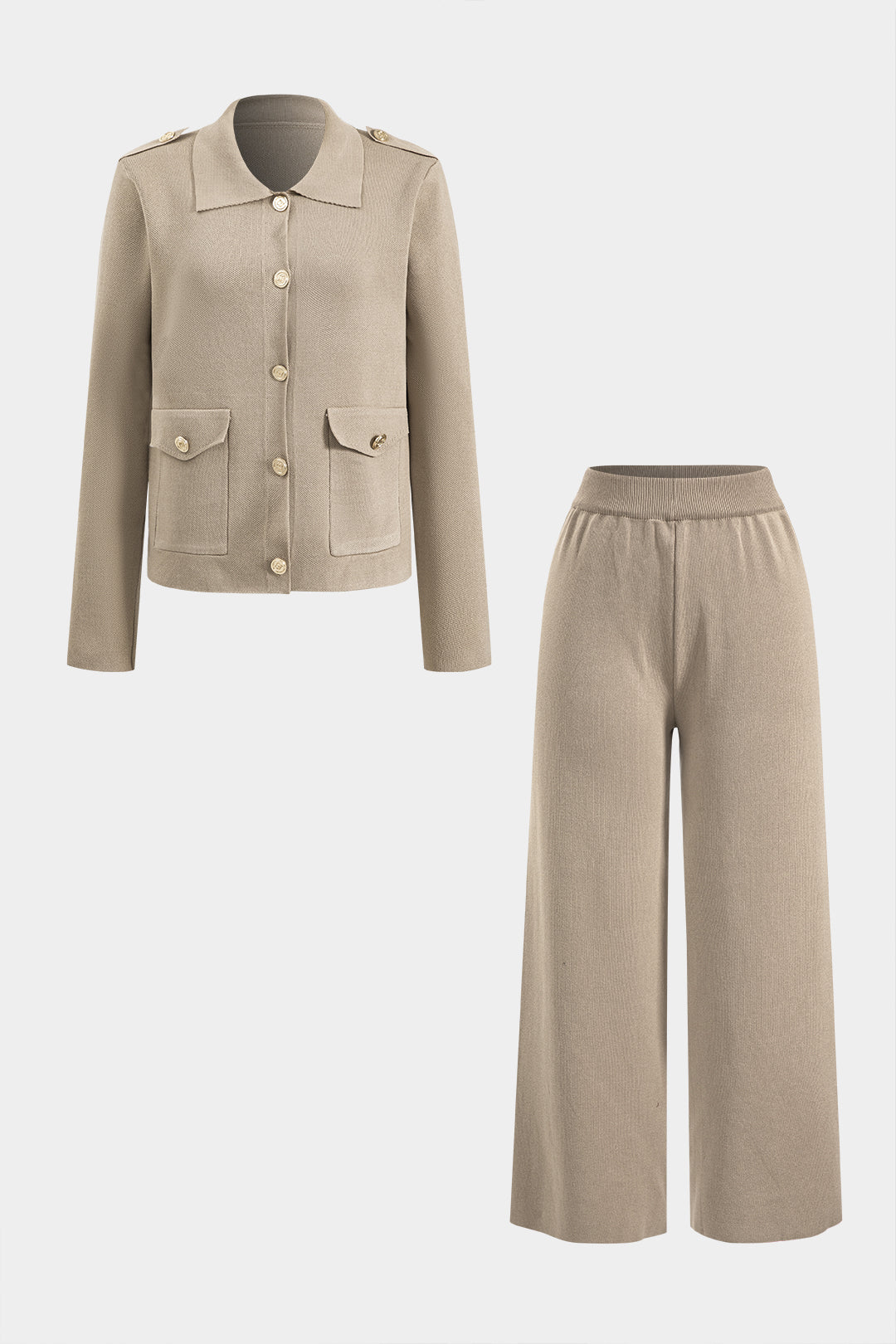 Le Charme™ Ensemble Tricoté : Haut Boutonné avec Poches et Pantalon Large Plissé