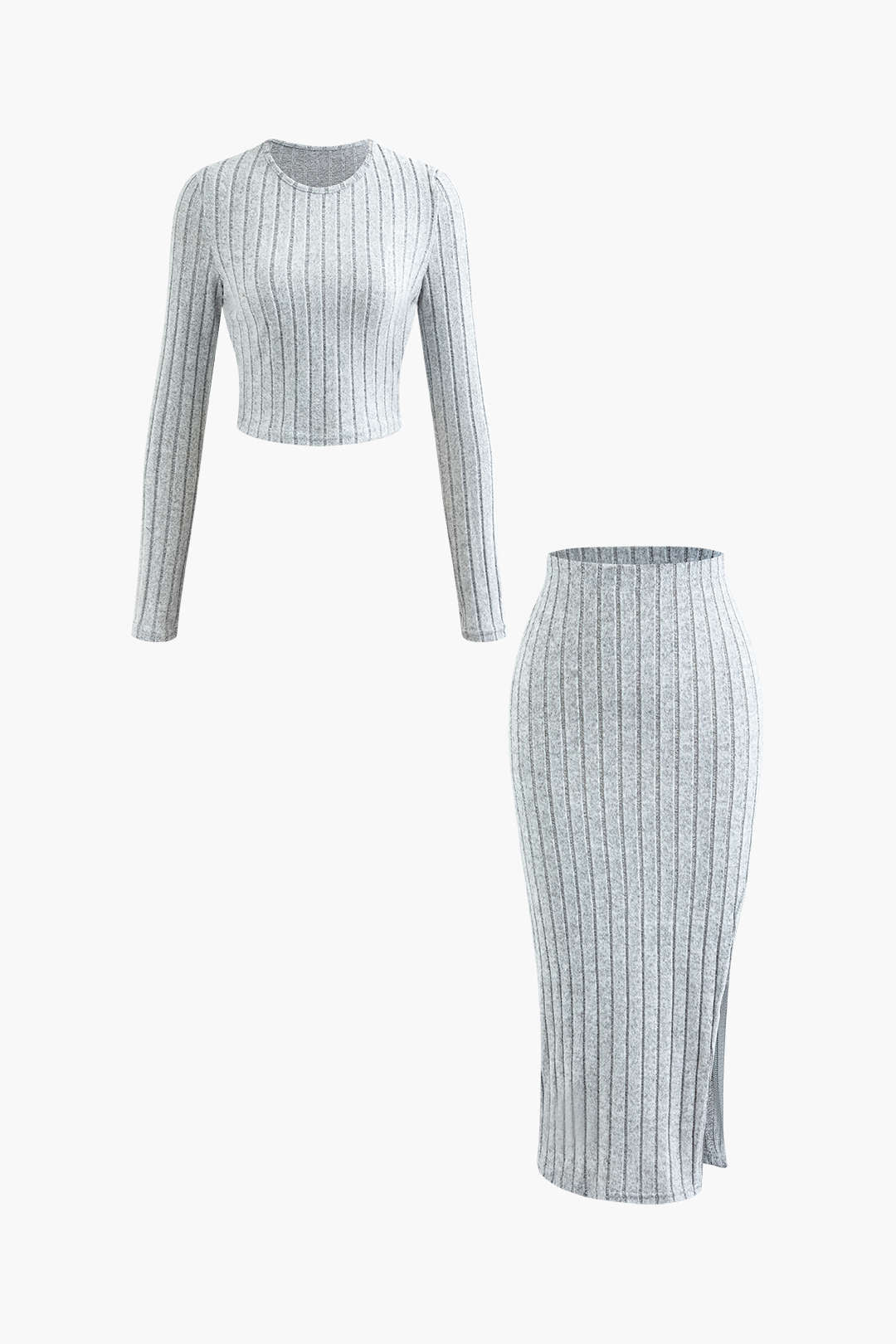 Le Charme™ Ensemble Tricot Côtelé : Haut à Manches Longues et Jupe Fendue