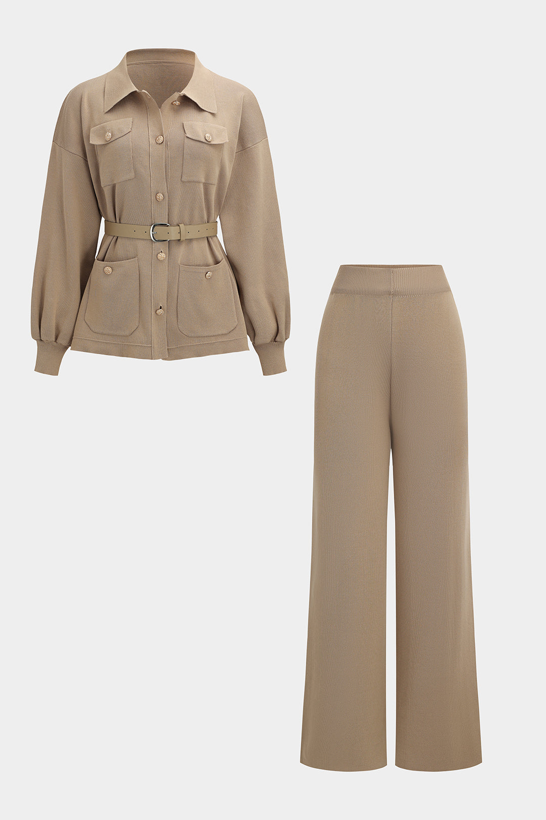Le Charme™ | Ensemble Tricoté Ceinturé : Haut à Boutons et Pantalon Large