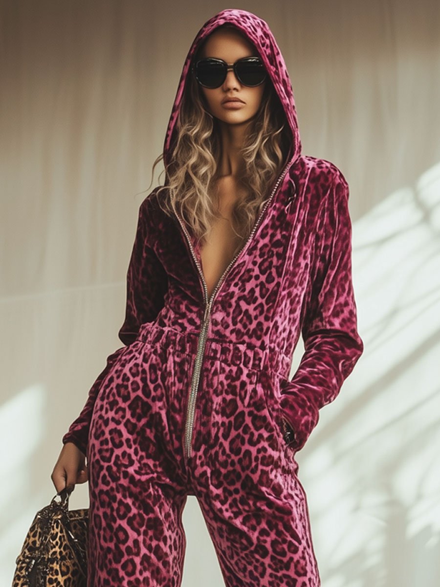 Combinaison à capuche zippée en velours rose rétro à imprimé léopard, ample et décontractée avec taille élastique - Expédition sous 24 heures