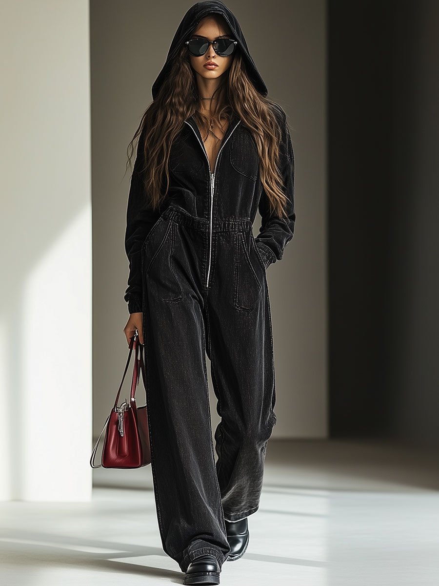 Combinaison à capuche vintage en denim décontractée et ample avec taille élastique et fermeture éclair - expédition 24 heures