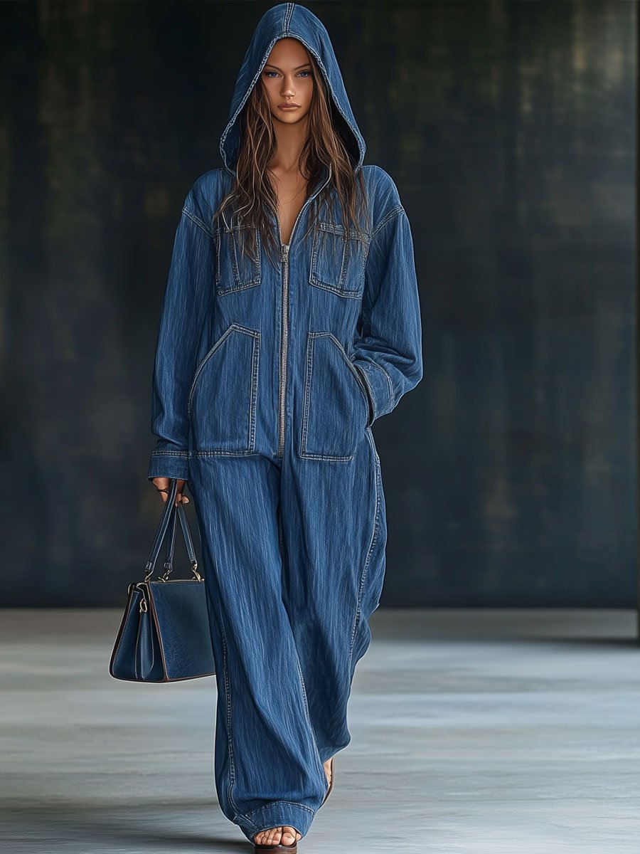 Salopette en denim à capuche zippée, décontractée, ample, rétro, à manches longues avec poches【expédition sous 24 heures】