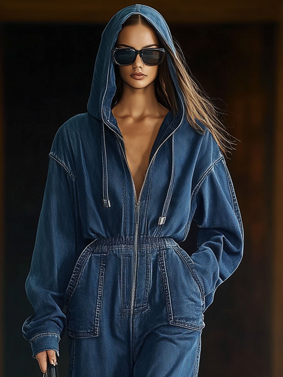 Combinaison en denim à manches longues, à capuche, avec fermeture éclair, taille élastique, décontractée et ample, rétro - Expédition sous 24 heures