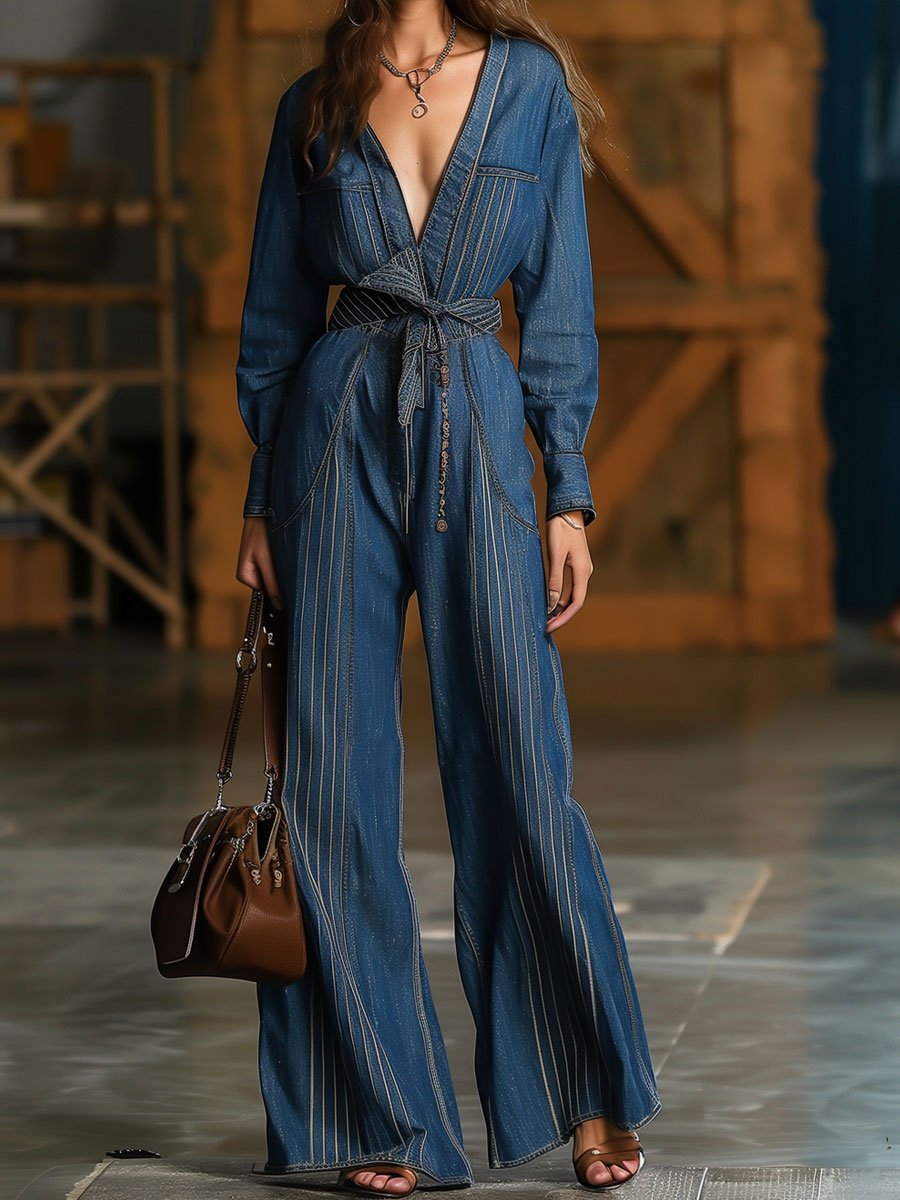 Combinaison en denim rétro décontractée à manches longues et coupe ample【expédition sous 24 heures】