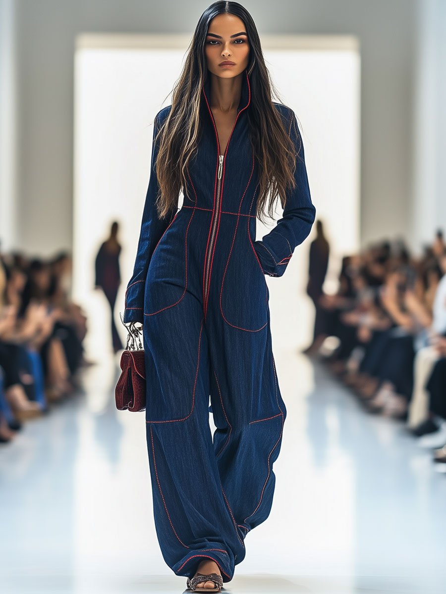 Combinaison en denim large à manches longues, rétro, rouge, avec coutures apparentes, décontractée et ample - livraison sous 24 heures