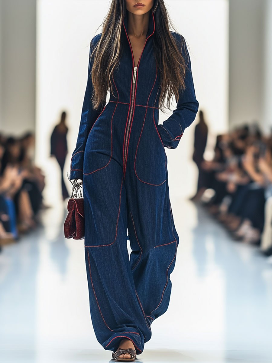 Combinaison en denim large à manches longues, rétro, rouge, avec coutures apparentes, décontractée et ample - livraison sous 24 heures