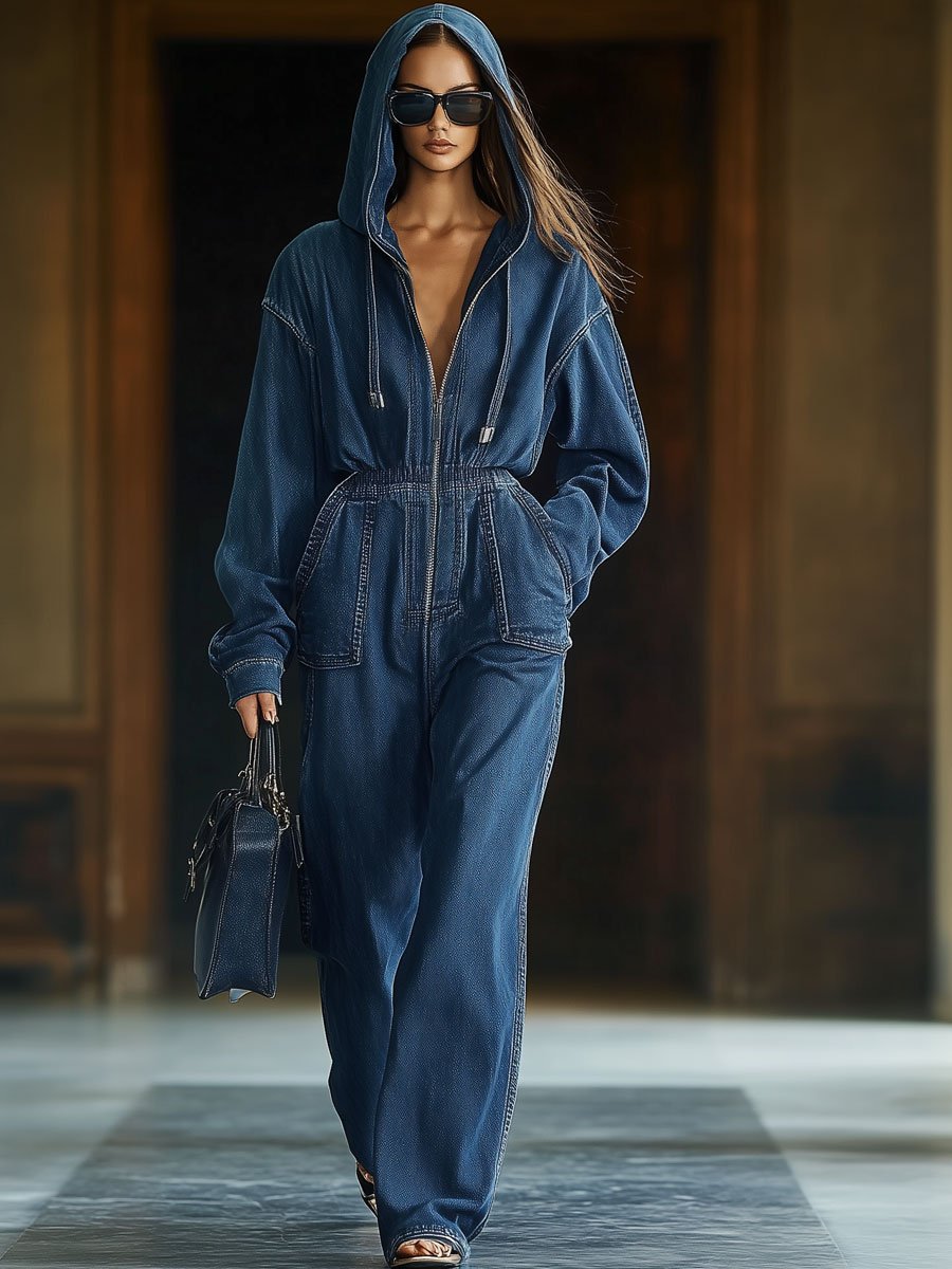 Combinaison en denim à manches longues, à capuche, avec fermeture éclair, taille élastique, décontractée et ample, rétro - Expédition sous 24 heures