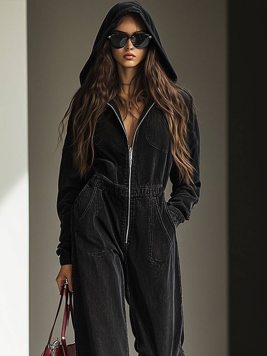 Combinaison à capuche vintage en denim décontractée et ample avec taille élastique et fermeture éclair - expédition 24 heures