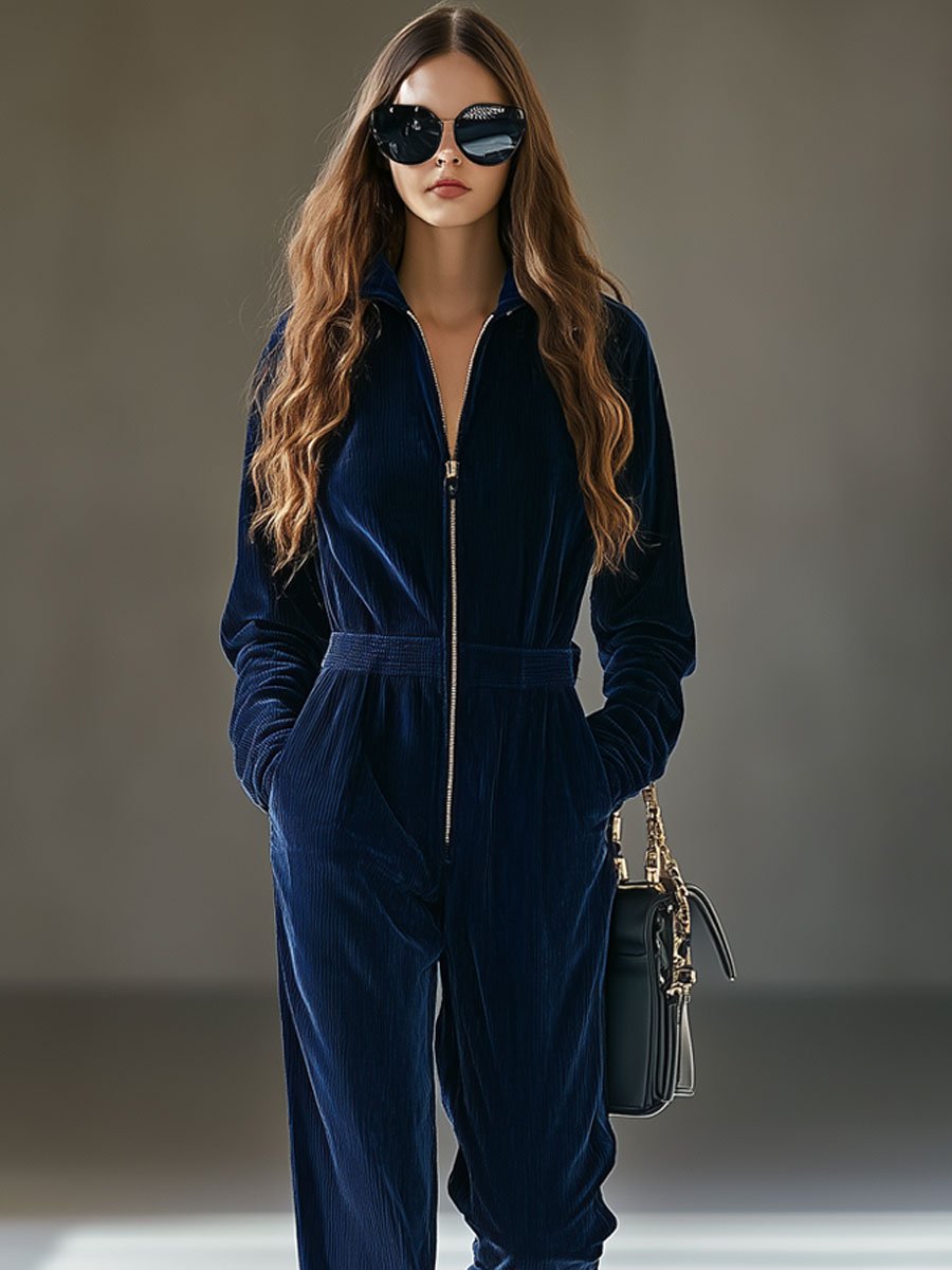 Combinaison décontractée vintage en corduroy à taille élastique avec zip, livraison sous 24 heures